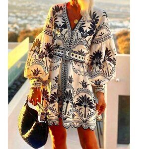 Boho Floral Print V neck Balloon Sleeve Mini Dress